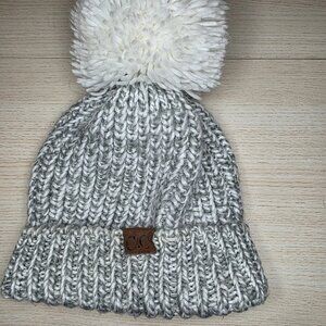 C.C. Girlie Girl Originals Women Beanie Hat OS Grey White Pom Pom Knit Winter NE